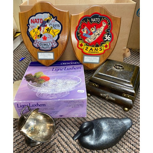 344 - Miscellaneous ephemera to include NATO wall plaques, crystal dish, silver plated items, etc