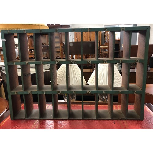 642 - Vintage green letter sorting rack, 92 x 16 x 61 cm