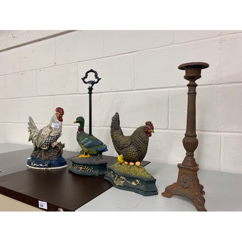 630 - Pair of metal hen door stops, Duck door stop, iron candlestick (4) 