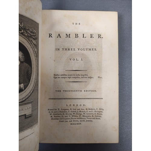 78 - The Rambler.  3 vols. Eng. port. frontis of Dr. Johnson. Rebacked old calf. 1794; also The... 