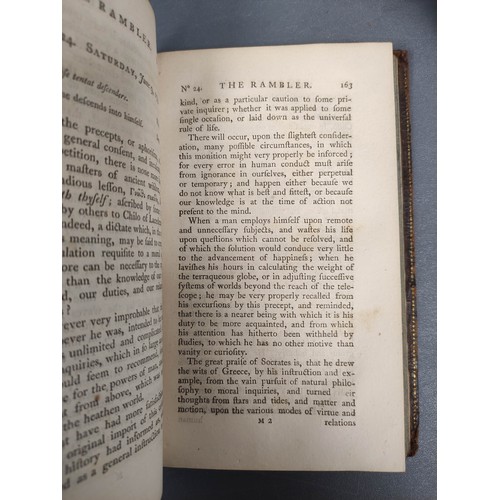 78 - The Rambler.  3 vols. Eng. port. frontis of Dr. Johnson. Rebacked old calf. 1794; also The... 