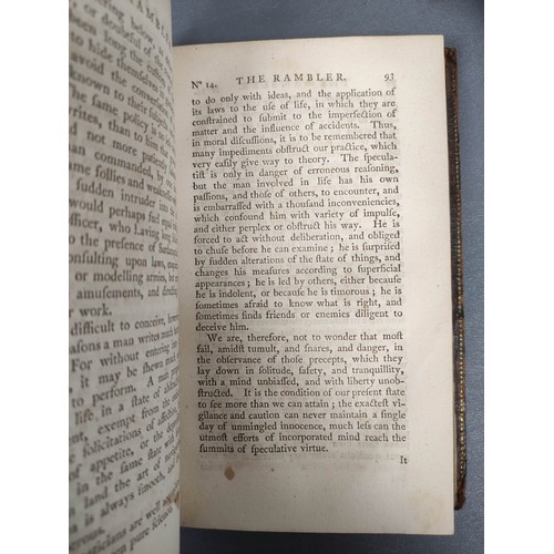 78 - The Rambler.  3 vols. Eng. port. frontis of Dr. Johnson. Rebacked old calf. 1794; also The... 