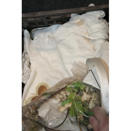 322 - Antler suitcase containing christening gown and two boxes containing textiles and accessories.