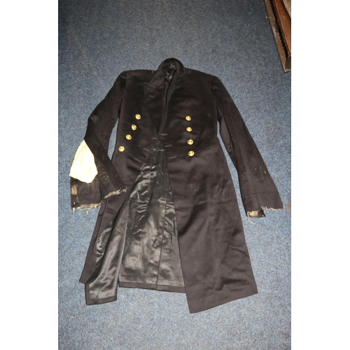 385 - British Naval Officers long coat, a British Naval Reservist jacket, with bullion wire insignia for t... 