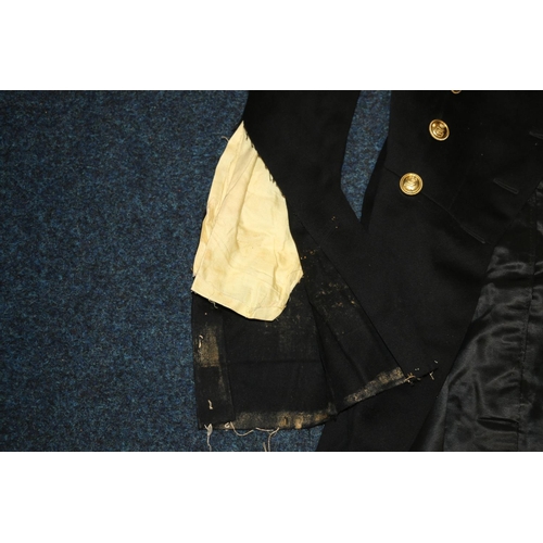 385 - British Naval Officers long coat, a British Naval Reservist jacket, with bullion wire insignia for t... 