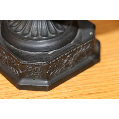 43 - Wedgwood black basalt oil lamp in the form of an Aladdin lamp with figure reading surmount, 23cm tal... 