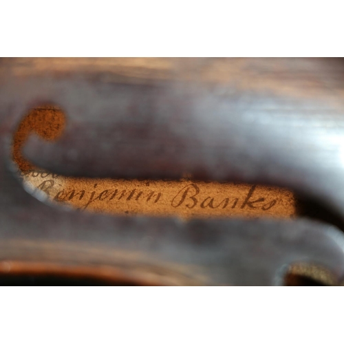 99 - Antique violin having one piece back, paper label to the interior 'Benjamin Banks Catherine Street',... 