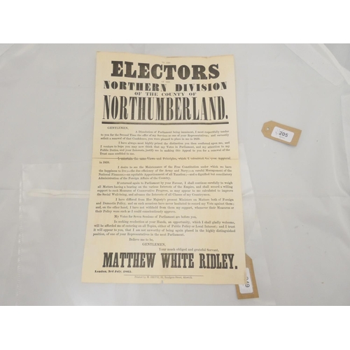 249 - NORTH NORTHUMBERLAND ELECTION, 1865.  Broadsheet poster, Matthew White Ridley's declaration of ... 