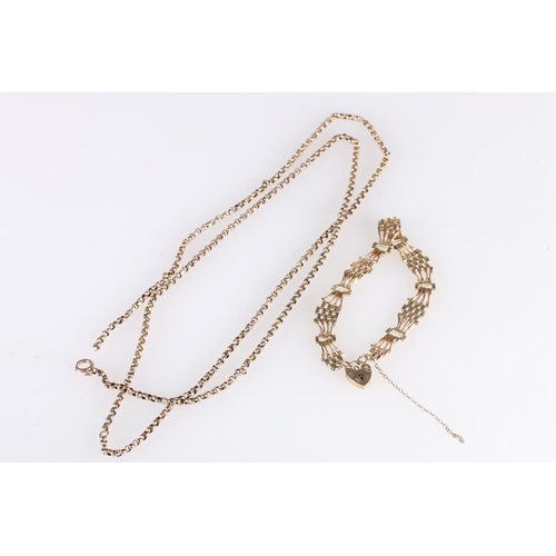 612 - 9ct gold belcher link neck chain, the clasp stamped '9ct', 8.3g, and a 9ct gold gate link bracelet w... 