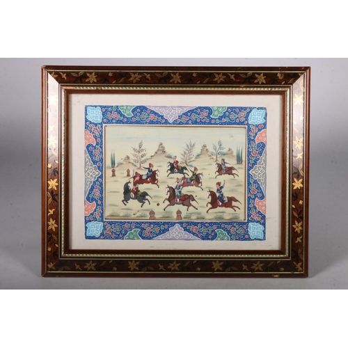 408 - Indian School, figures on horseback, gouache, 10cm x 15cm, frame 23cm x 29cm.