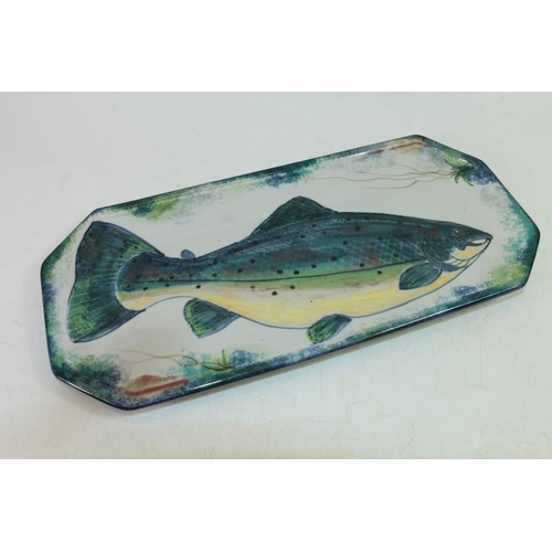 10 - Highland Stoneware dish decorated with a trout, having canted corners, 43cm.