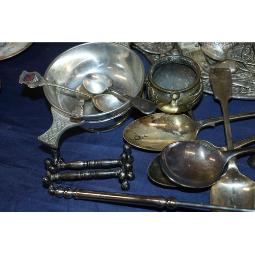 13 - British and Eastern metal wares to include a Turkish coffee set, flatware, a pewter quaich, a candle... 