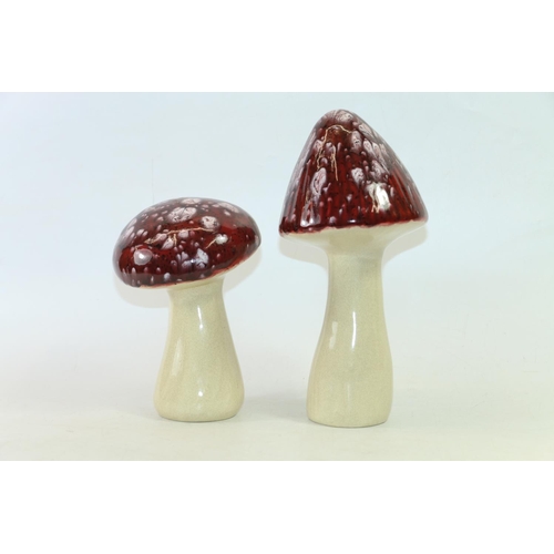 15 - Two pottery mushroom models with burgundy drip-glaze decoration, largest 27cm.