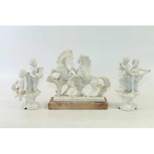 27 - Pair of continental porcelain candlesticks decorated with cherubs playing musical instruments by Rit... 