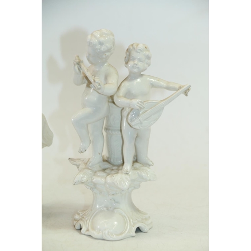 27 - Pair of continental porcelain candlesticks decorated with cherubs playing musical instruments by Rit... 