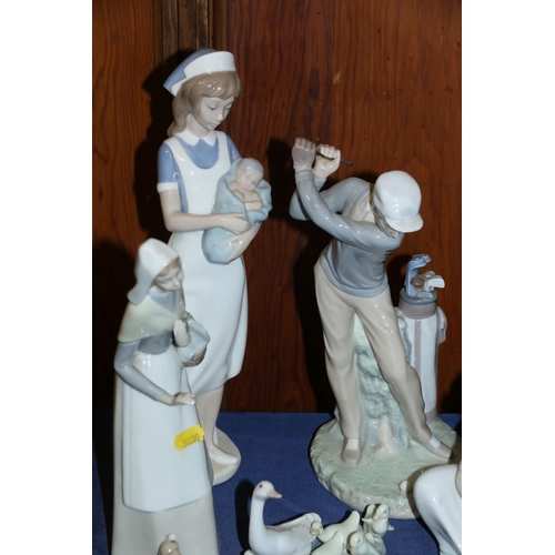 33 - Lladro figurines to include a nurse, a golfer, a nurse with a kitten, a lady with a basket, a Lladro... 