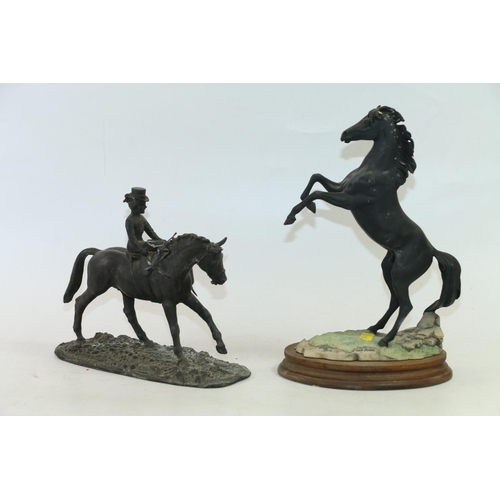 34 - Fred Stone model of a rearing stallion #1365/3500, a bronzed model of a female in period dress on ho... 