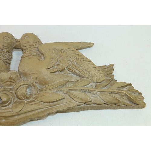35 - Plaster wall plaque or surmount depicting two lovebirds seated on a wheatsheaf.