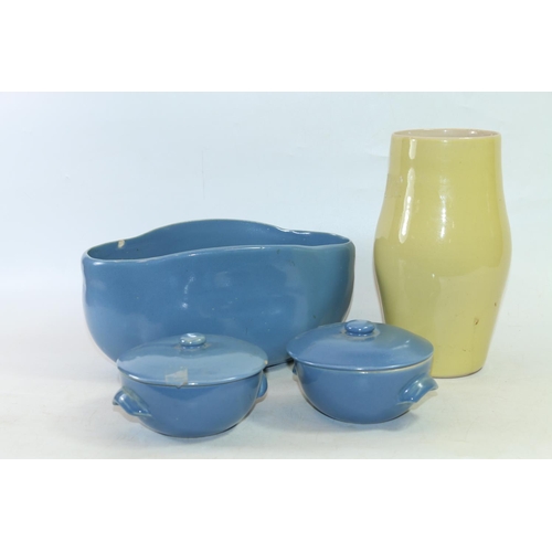 39 - Buchanware of Portobello to include two blue glazed lidded bowls and a large fruit bowl, and a pale ... 