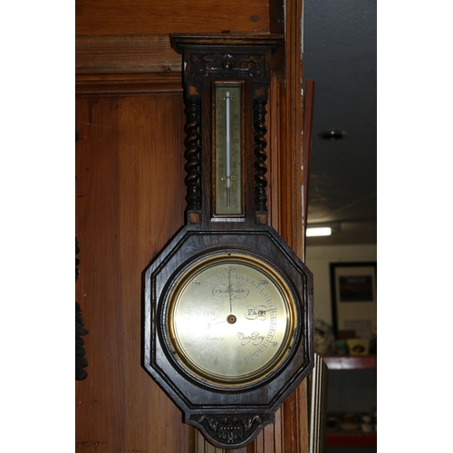 43 - Walker & Hall carved oak wall barometer with thermometer above, 57cm.