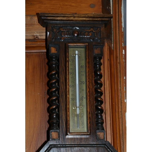 43 - Walker & Hall carved oak wall barometer with thermometer above, 57cm.