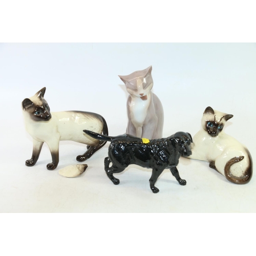 55 - Bing & Grondahl cat model, two Beswick Siamese cats and a Beswick model of a black Labrador.  (a... 