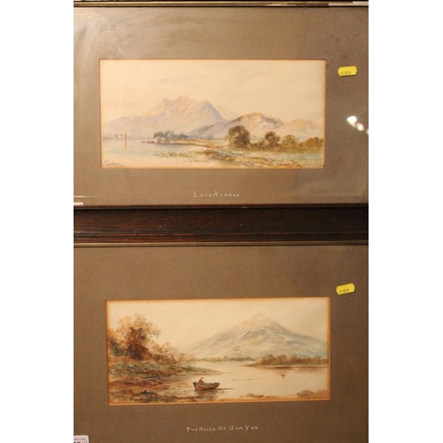 120 - I LESLEY, The Hills of Uam Var and Loch Achray, two watercolours, signed, 14cm x 29cm, oak frames 39... 