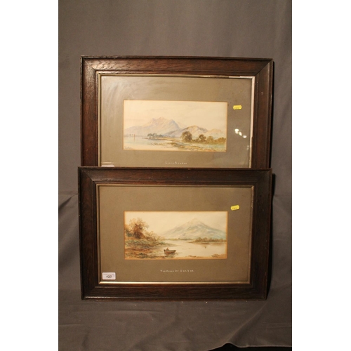 120 - I LESLEY, The Hills of Uam Var and Loch Achray, two watercolours, signed, 14cm x 29cm, oak frames 39... 