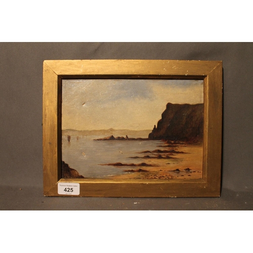 387 - 19TH CENTURY SCHOOL, Cliffs and shoreline, oil painting on canvas, unsigned, 18cm x 24cm, frame 24cm... 