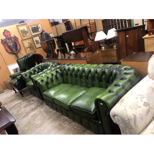 559 - Three seater green leather Chesterfield settee, Green leather matching arm chair, Green leather wing... 