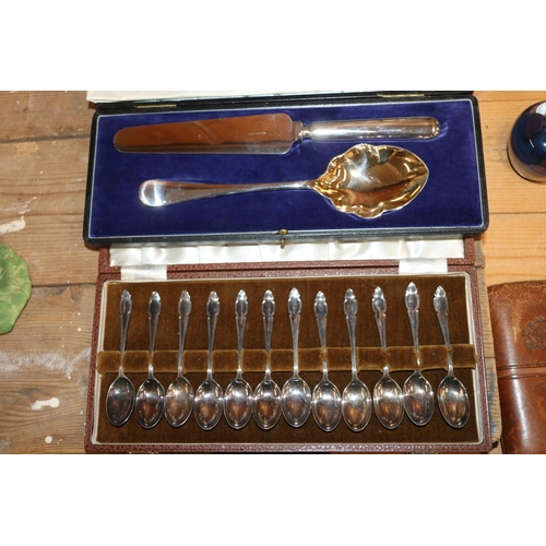 107 - Silver-plate to include two cased sets of teaspoons, a part set of teaspoons with sugar tongs, and a... 