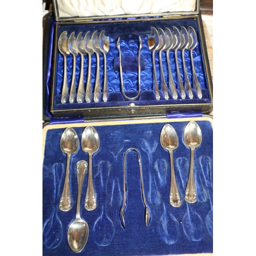 107 - Silver-plate to include two cased sets of teaspoons, a part set of teaspoons with sugar tongs, and a... 