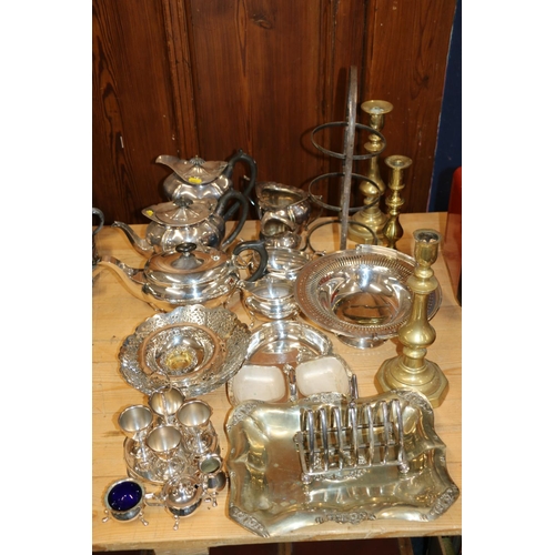 114 - Silver-plate and metal ware to include a four piece tea and coffee set, two hallmarked silver salt c... 