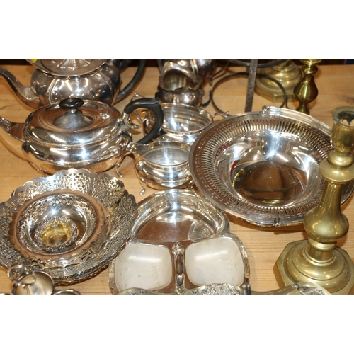 114 - Silver-plate and metal ware to include a four piece tea and coffee set, two hallmarked silver salt c... 