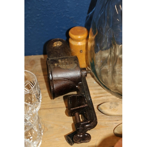 122 - Glass butter churn with winding handle, mincers, butter pats, etc.