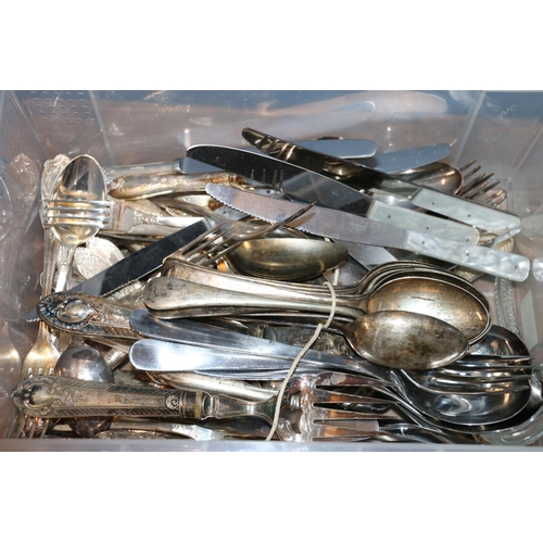 130 - Box containing silver-plated, and other, flatware and cutlery.