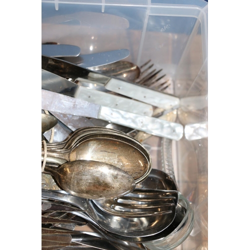 130 - Box containing silver-plated, and other, flatware and cutlery.