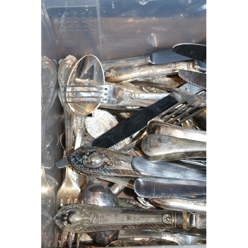 130 - Box containing silver-plated, and other, flatware and cutlery.