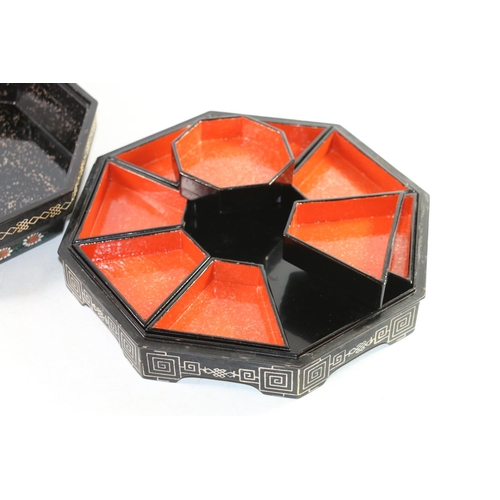 132 - Japanese black lacquer table box opening to reveal segmented red lacquer sections, 28cm wide.