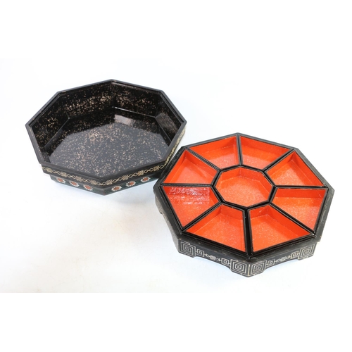 132 - Japanese black lacquer table box opening to reveal segmented red lacquer sections, 28cm wide.