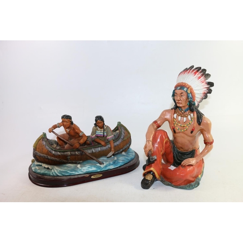 133 - Two resin Native American figures of a sitting chief and canoe, largest 29cm high.