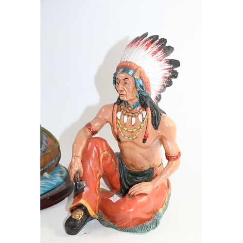 133 - Two resin Native American figures of a sitting chief and canoe, largest 29cm high.