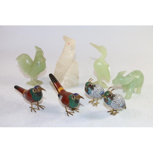 136 - Pair of oriental cloisonne exotic birds figurines, a similar pair of oriental quails, and Chinese ha... 