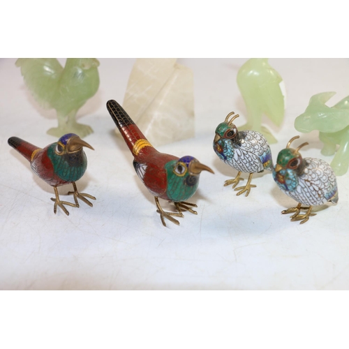 136 - Pair of oriental cloisonne exotic birds figurines, a similar pair of oriental quails, and Chinese ha... 