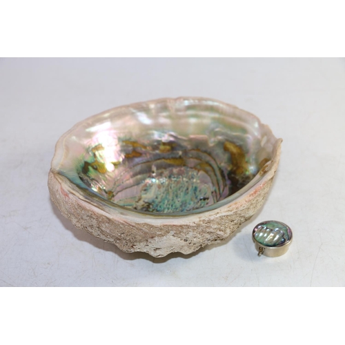 138 - Abalone shell, 20cm, and a white metal pillbox with mother-of-pearl top.