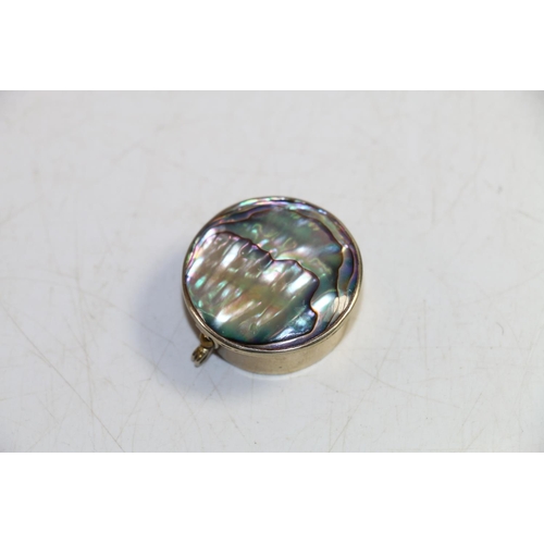 138 - Abalone shell, 20cm, and a white metal pillbox with mother-of-pearl top.