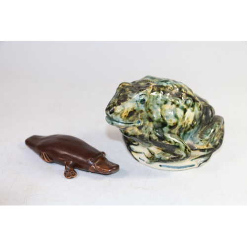 140 - Redfern Ceramics Studio Pottery money box in the form of a toad, and a Billabong clay model of a pla... 