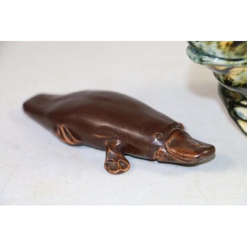 140 - Redfern Ceramics Studio Pottery money box in the form of a toad, and a Billabong clay model of a pla... 