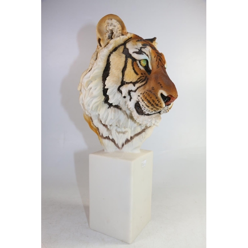 144 - Leonardo Collection cast model of a tiger head on rectangle socle. 