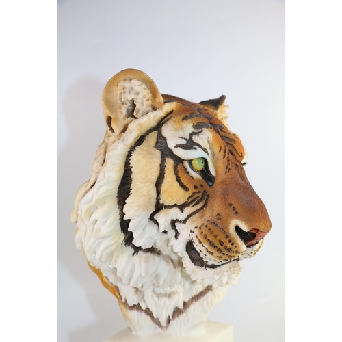 144 - Leonardo Collection cast model of a tiger head on rectangle socle. 